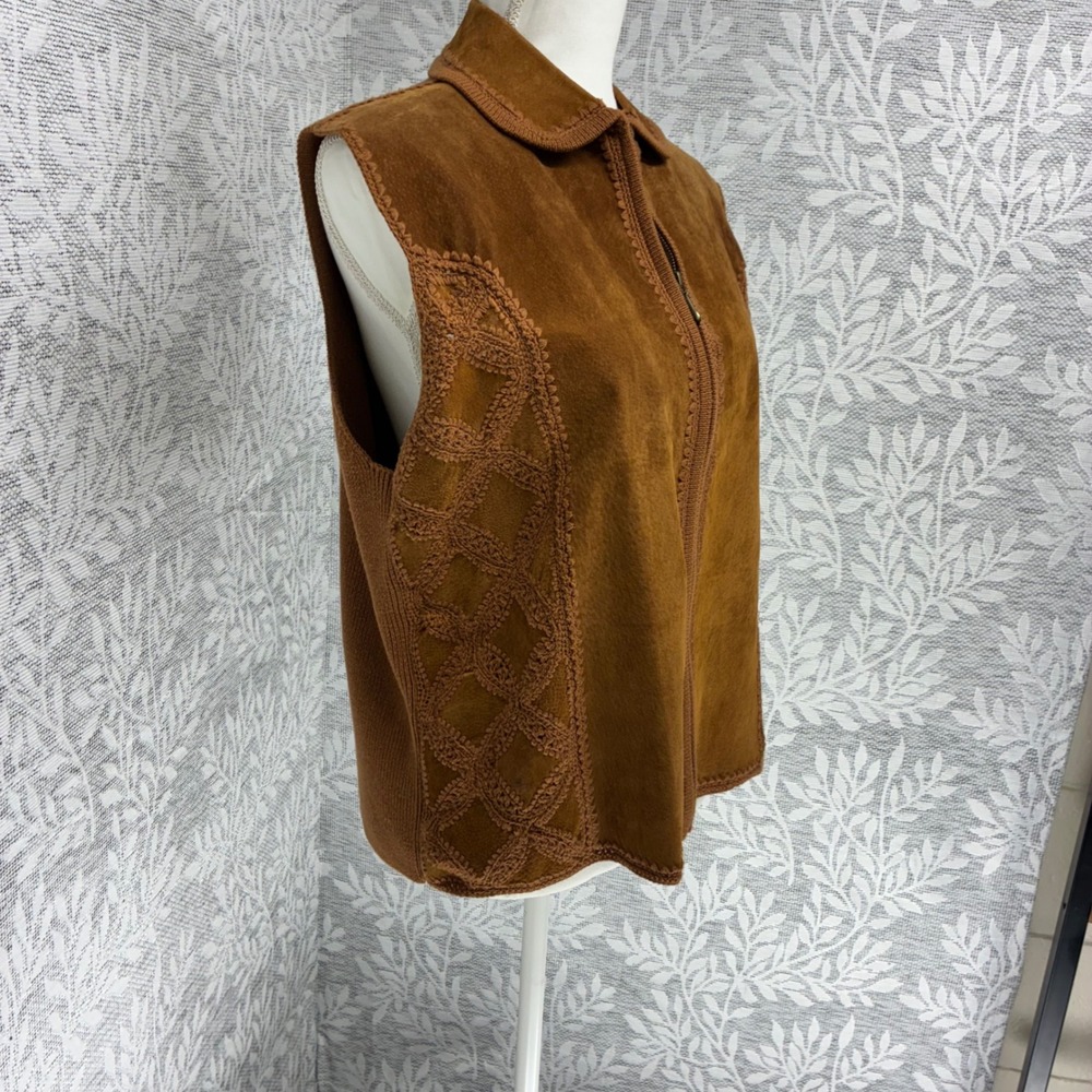 Lisa International Suede Knit Vest Womens XL Brown Crochet Zip Front Vintage 70s - Picture 11 of 13
